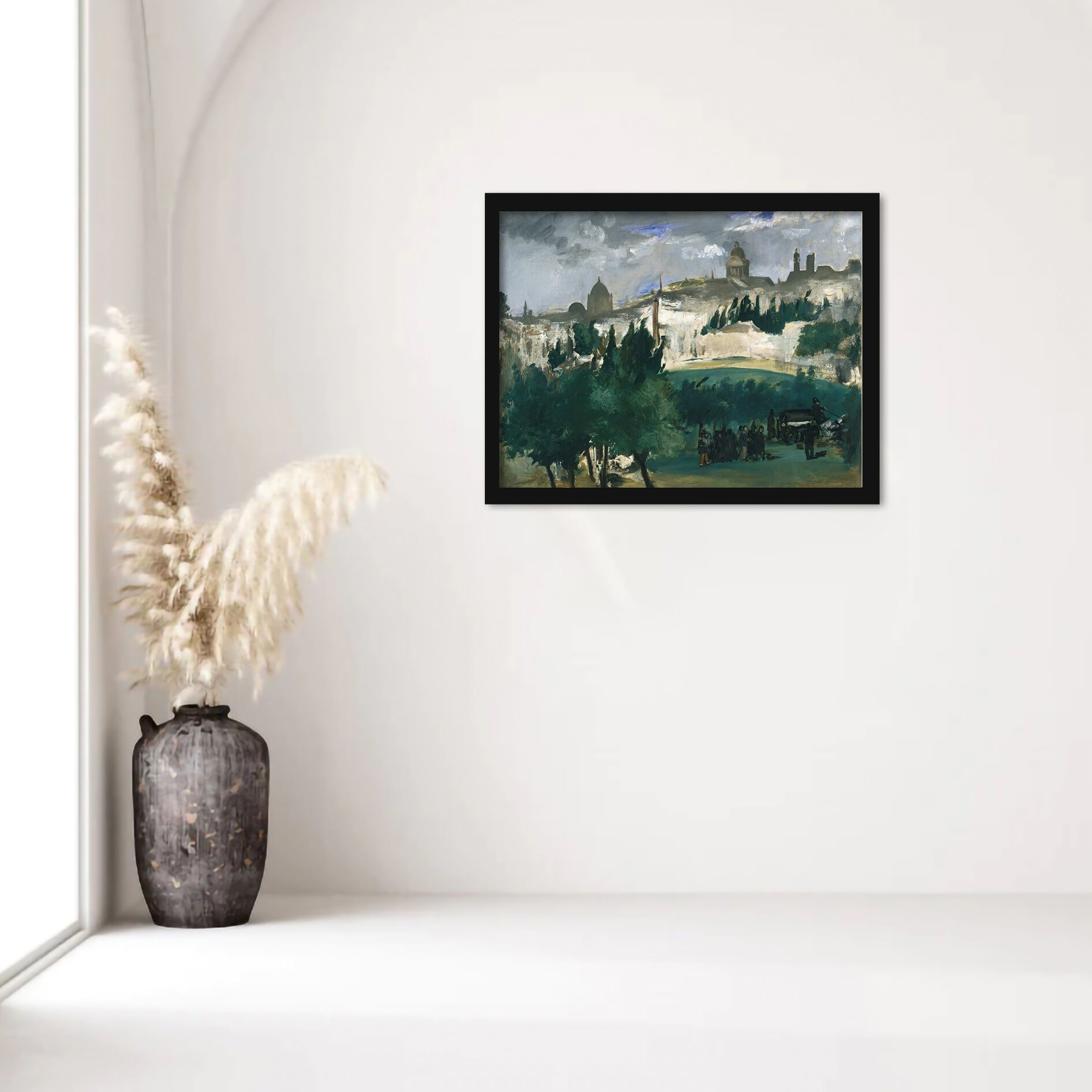 Reproduction of 1867 funeral scene painting with Parisian landscape.