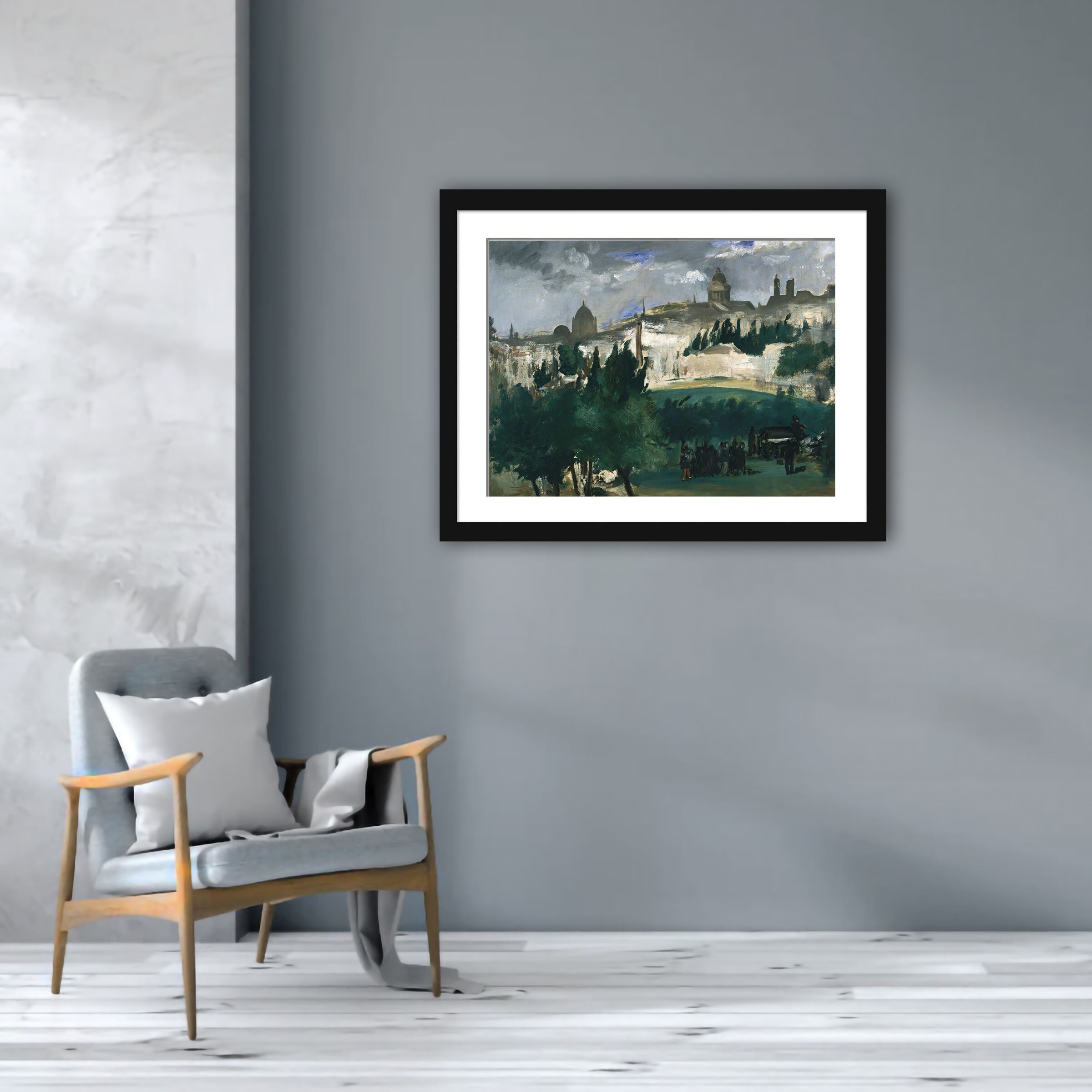 Reproduction of 1867 funeral scene painting with Parisian landscape.