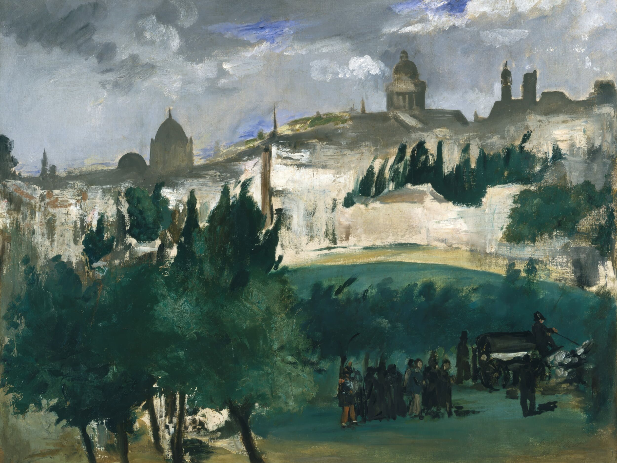 Reproduction of 1867 funeral scene painting with Parisian landscape.