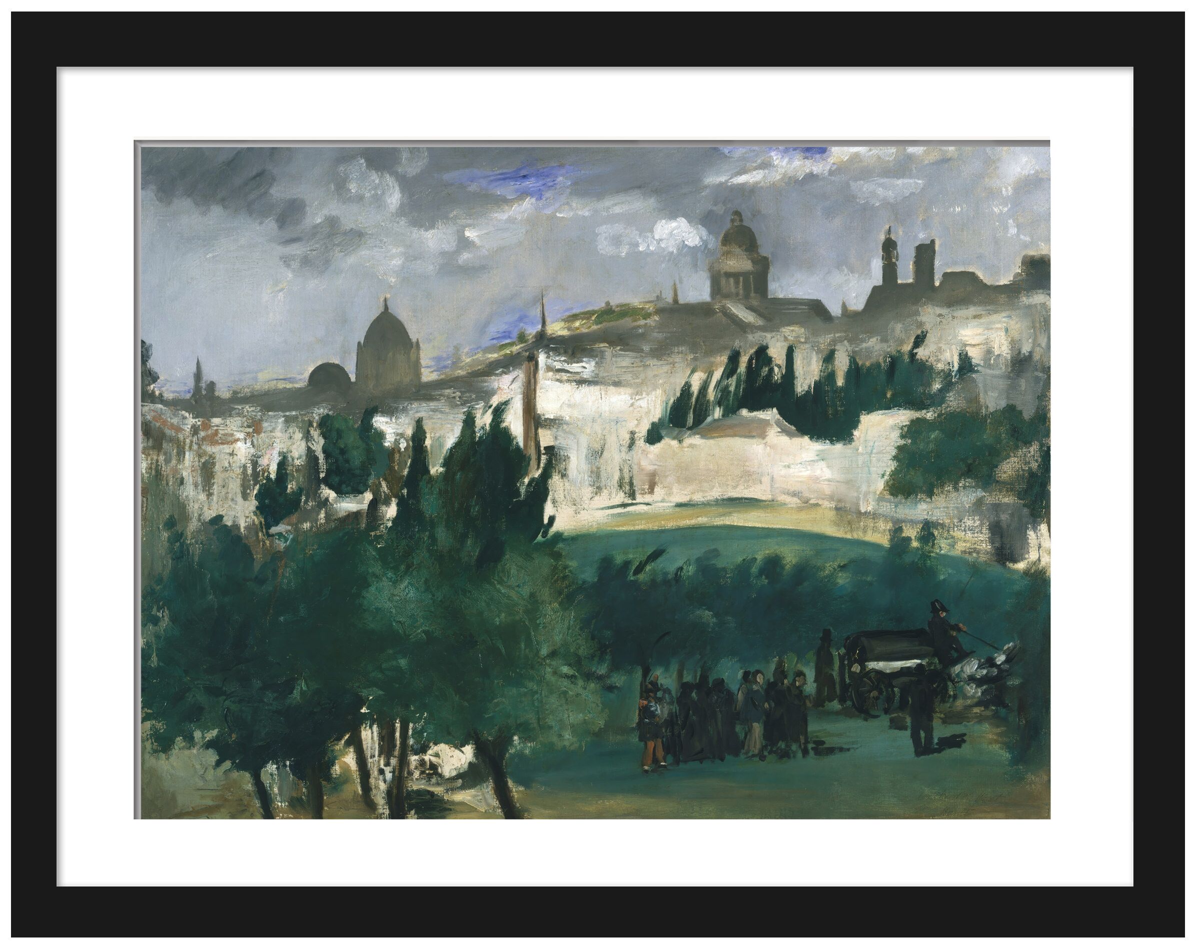 Reproduction of 1867 funeral scene painting with Parisian landscape.