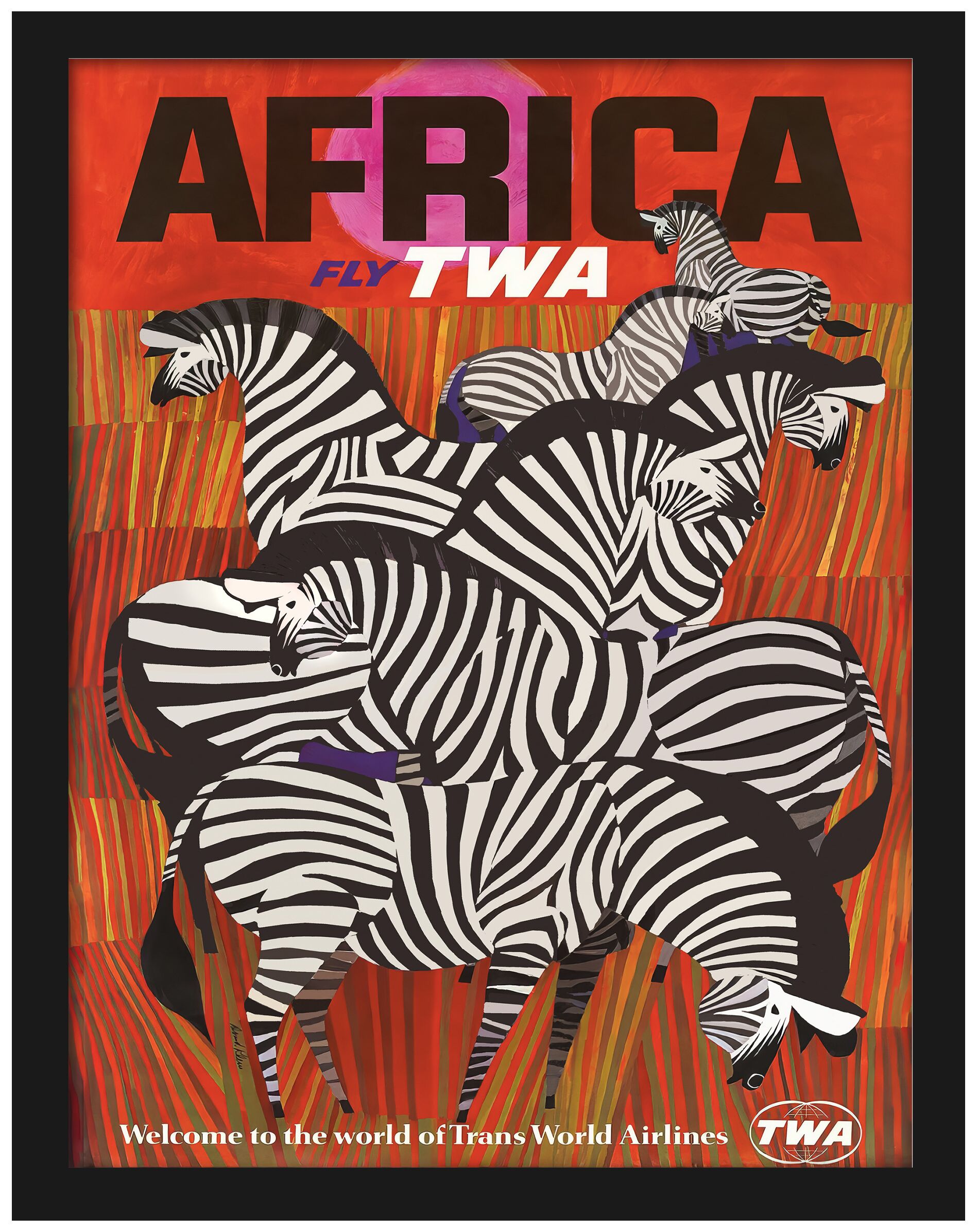 TWA Africa travel poster featuring zebras