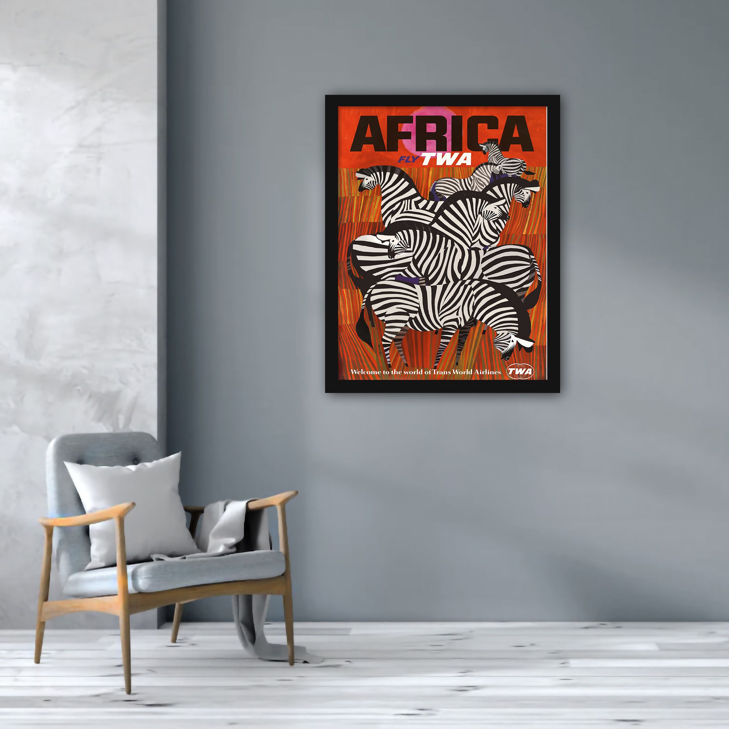 TWA Africa travel poster featuring zebras