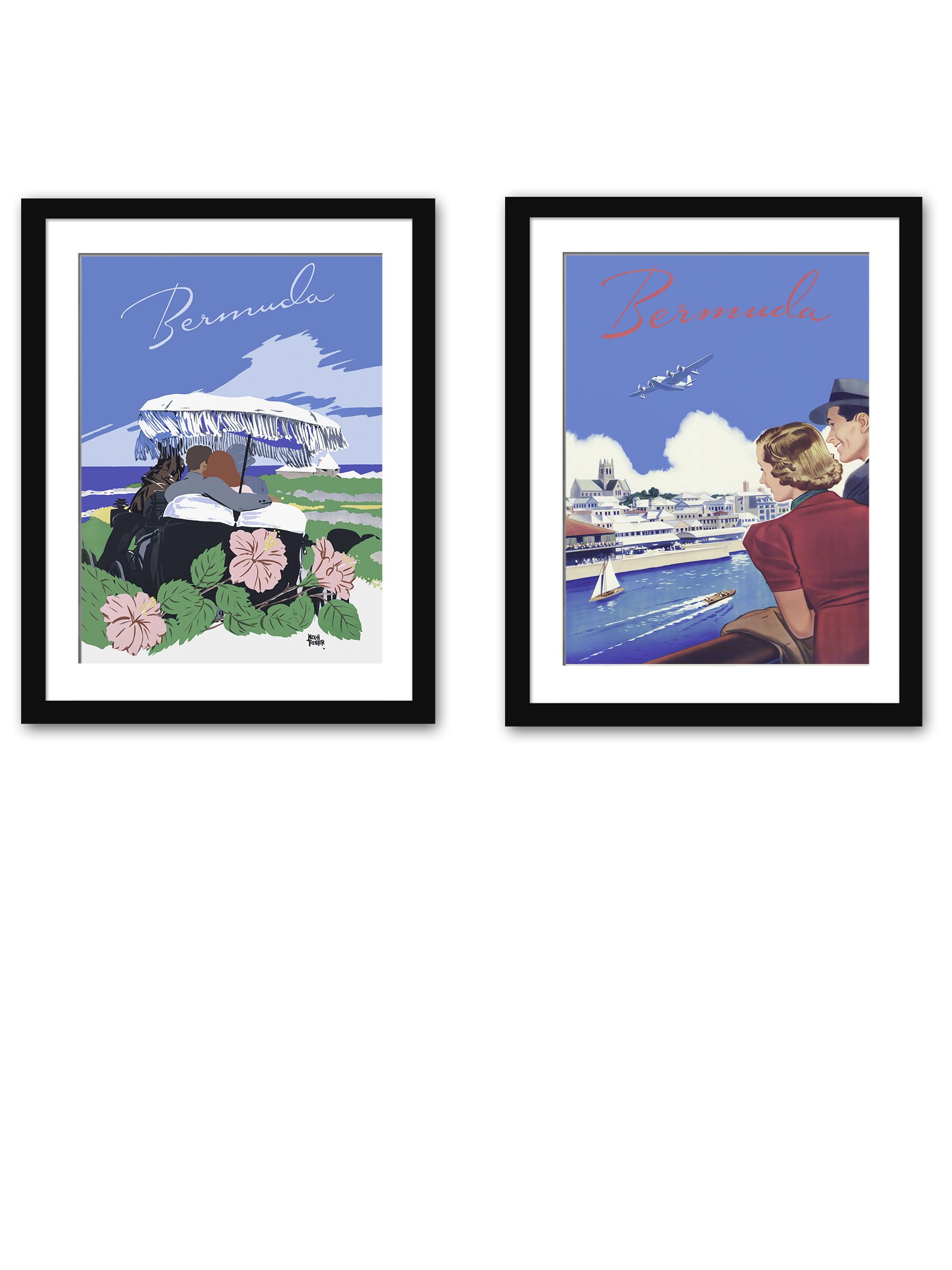 Vintage Bermuda travel print featuring a scenic ocean view with vibrant flowers and a classic car