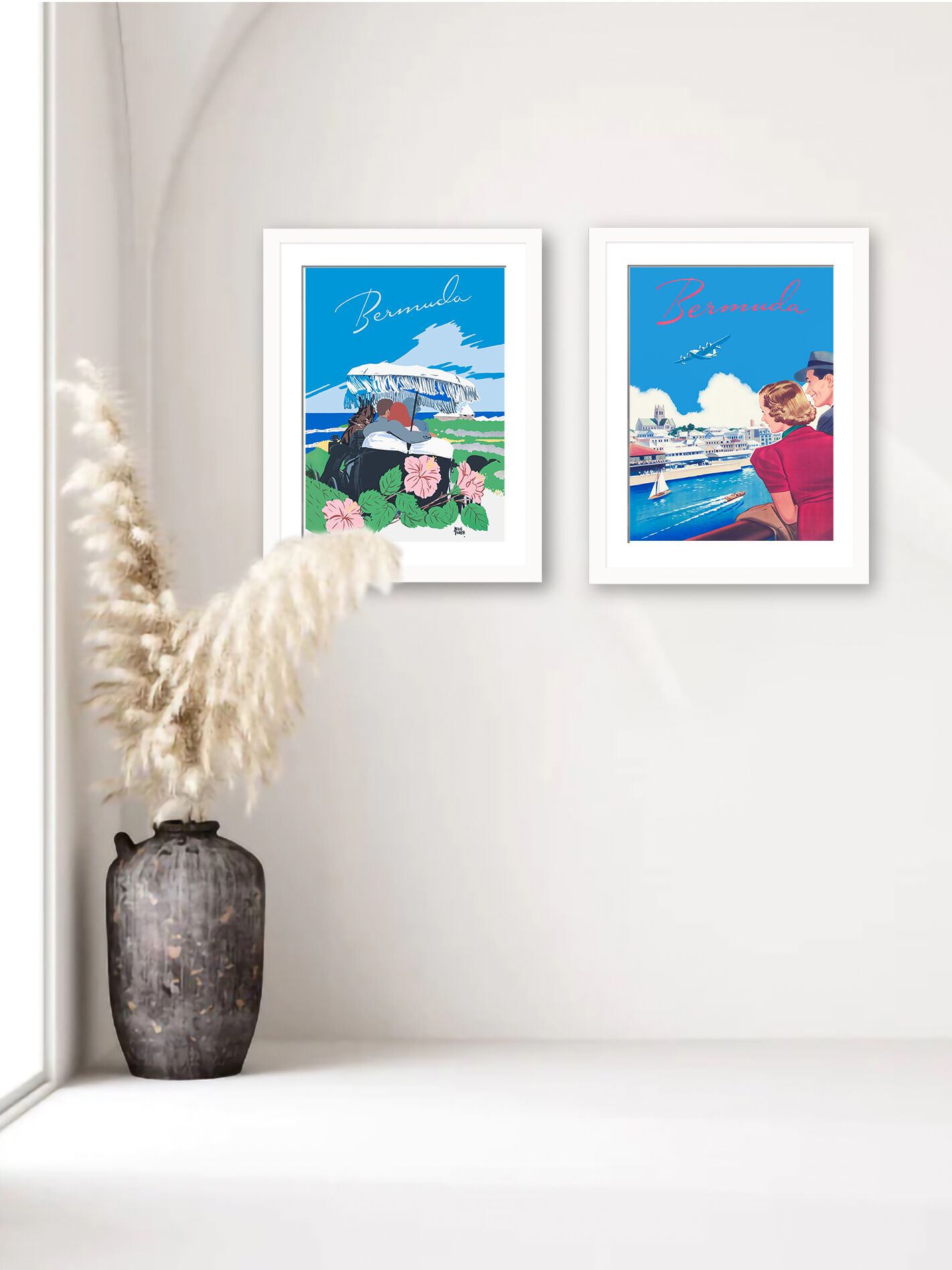 Vintage Bermuda travel print featuring a scenic ocean view with vibrant flowers and a classic car