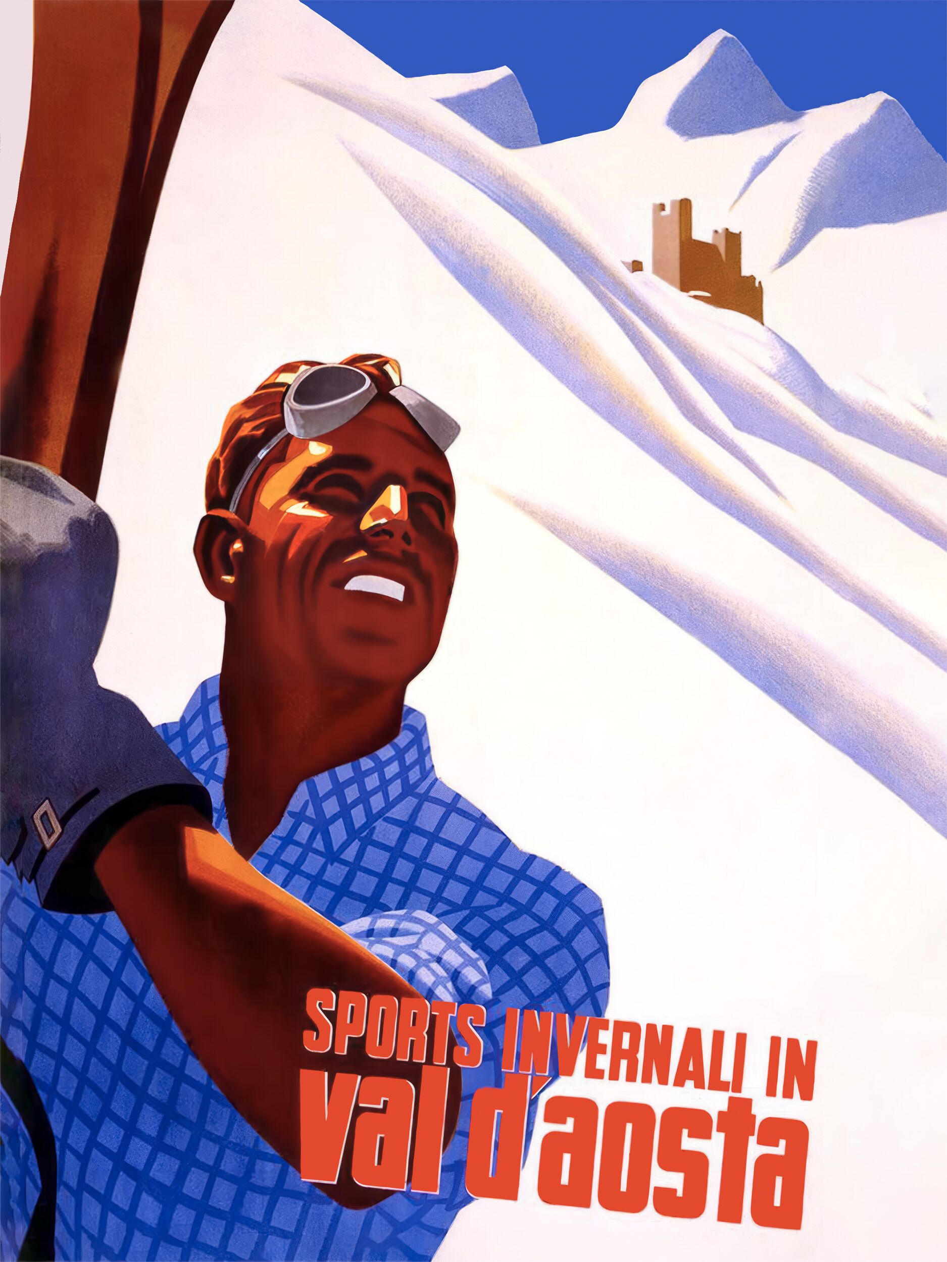 1937 Val D'Aosta Ski Poster by Mario Puppo featuring a skier in the Italian Alps
