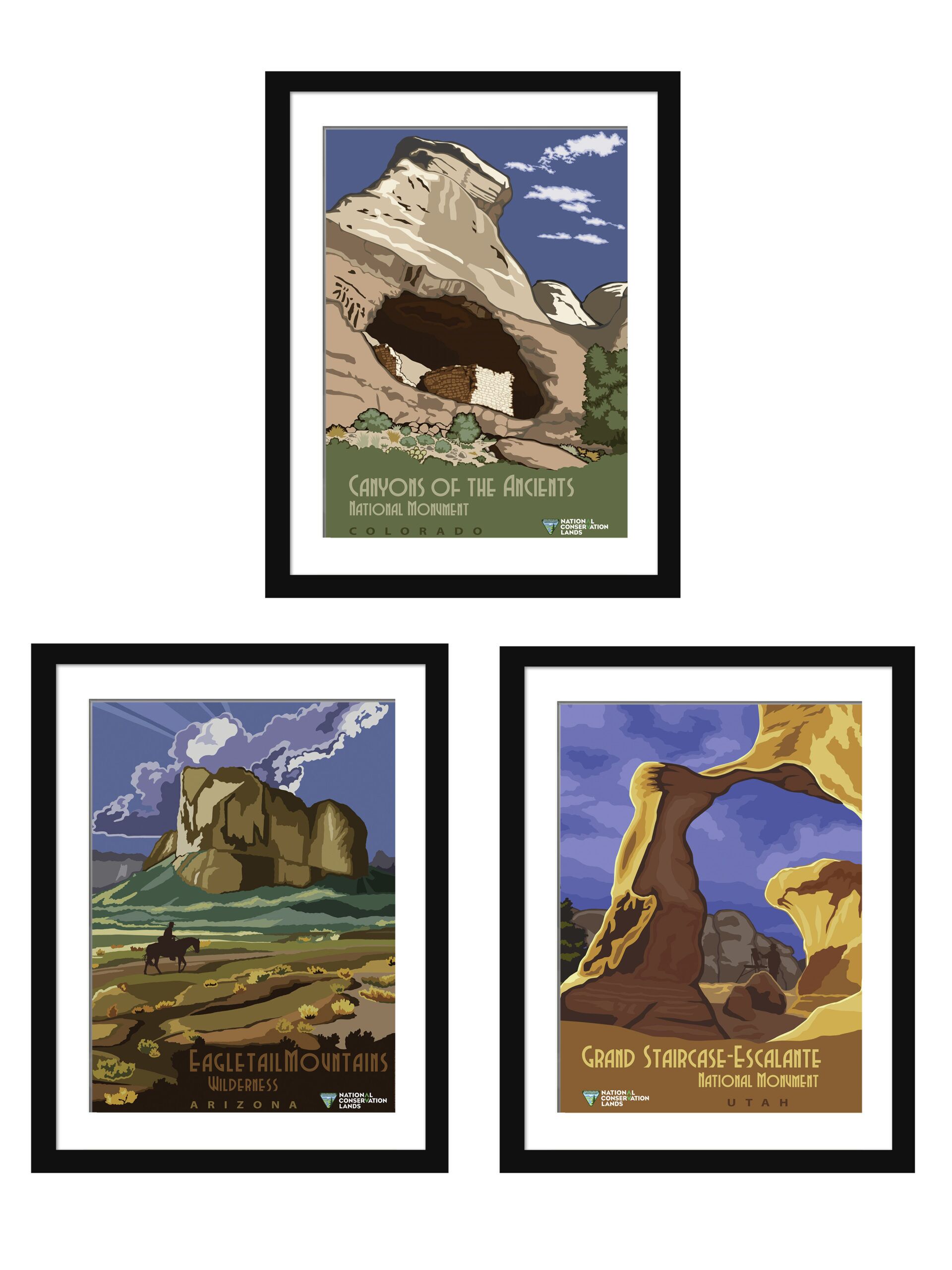 Vintage posters of National Conservation Lands, including Canyons of the Ancients, Grand Staircase-Escalante, and Eagletail Mountains.