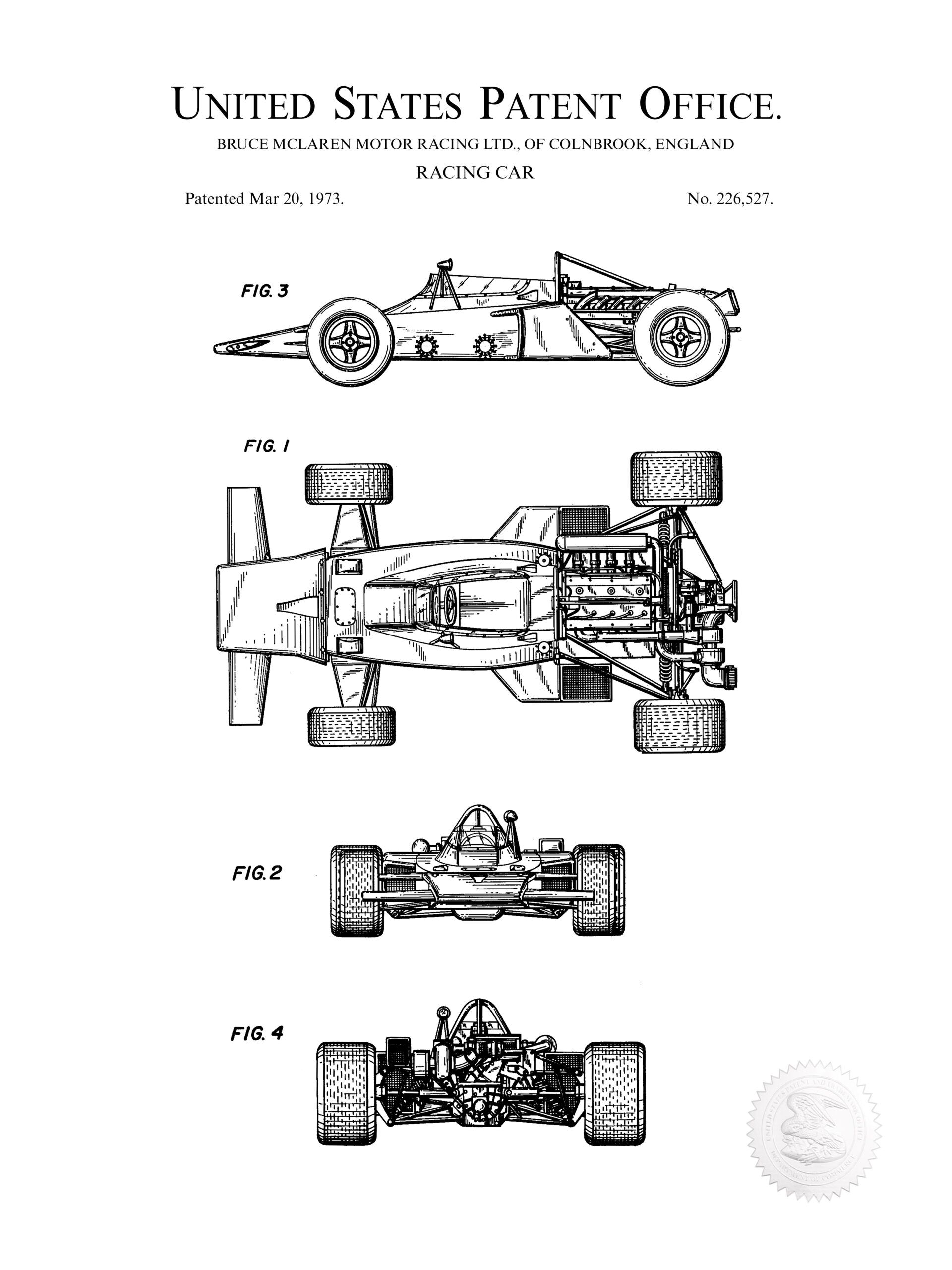 Detailed patent print of the 1973 McLaren F1 racing car