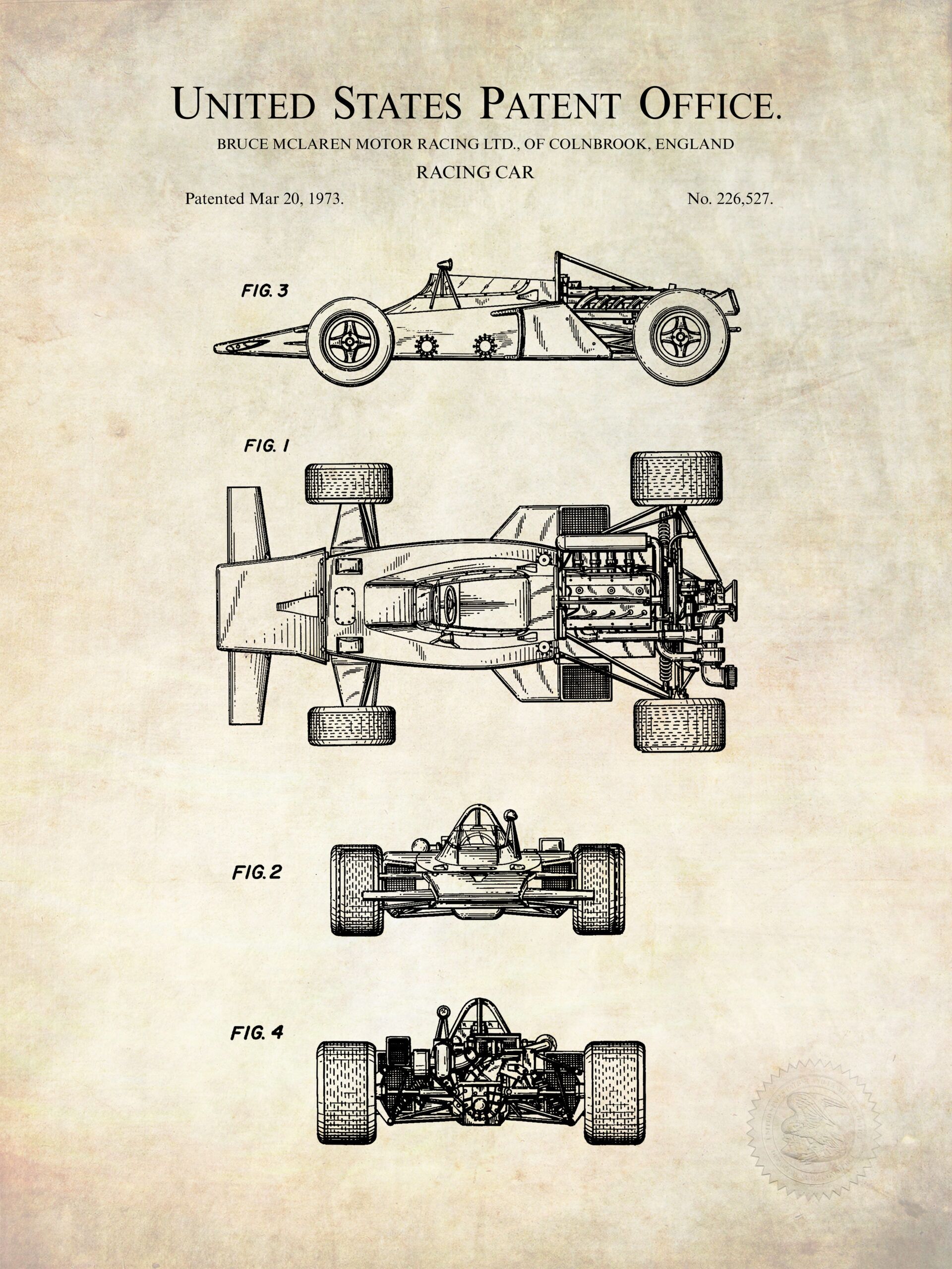 Detailed patent print of the 1973 McLaren F1 racing car