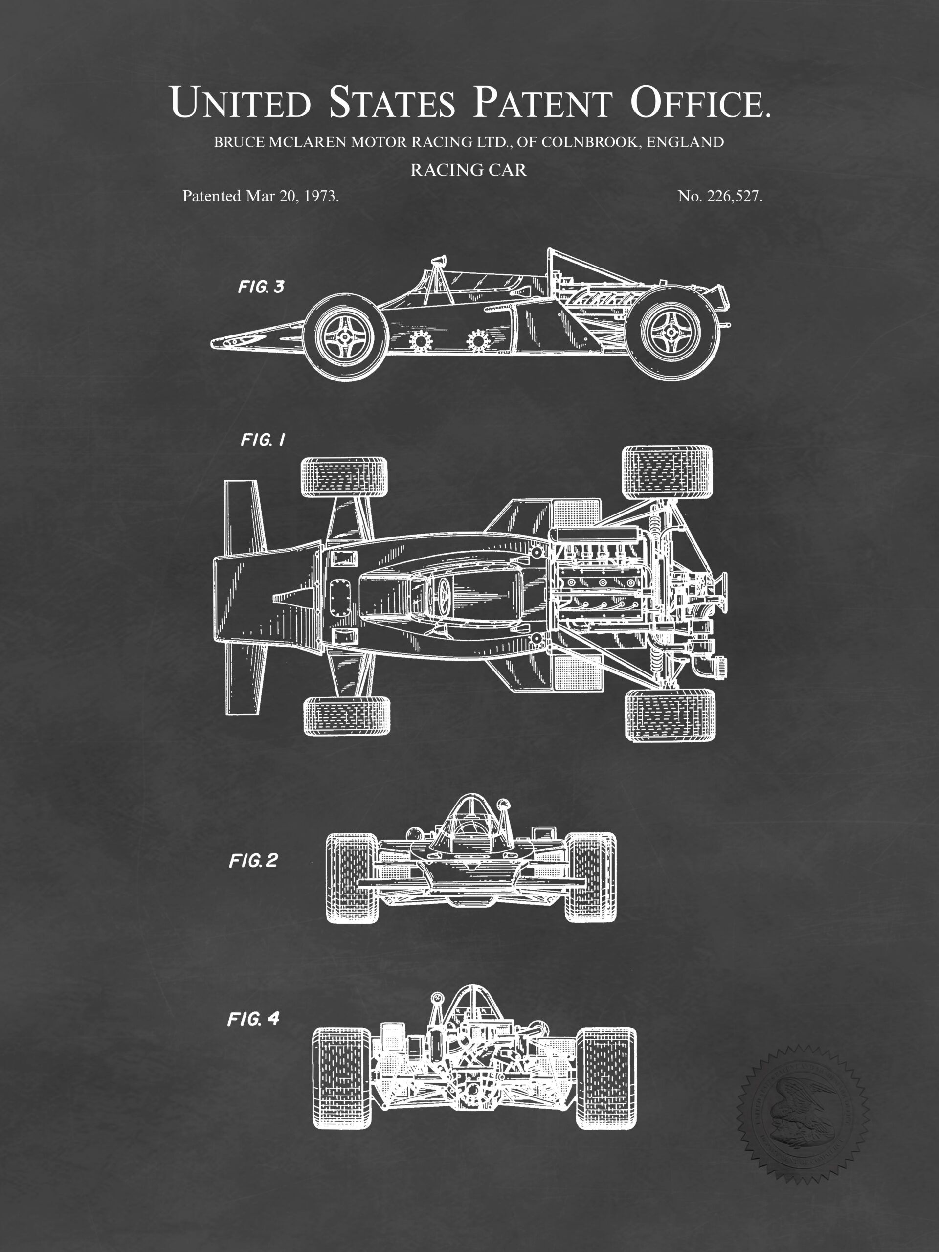Detailed patent print of the 1973 McLaren F1 racing car