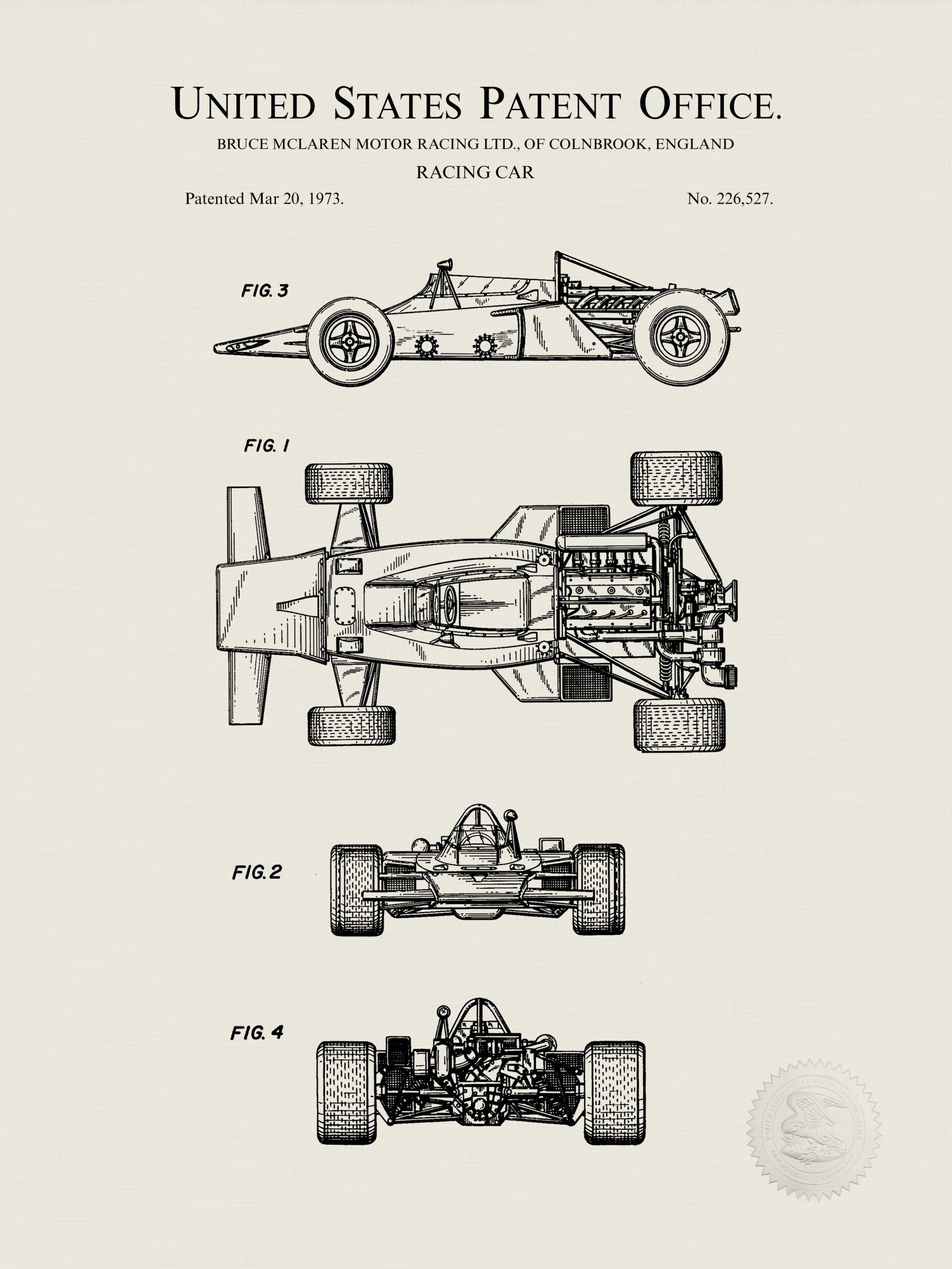 Detailed patent print of the 1973 McLaren F1 racing car