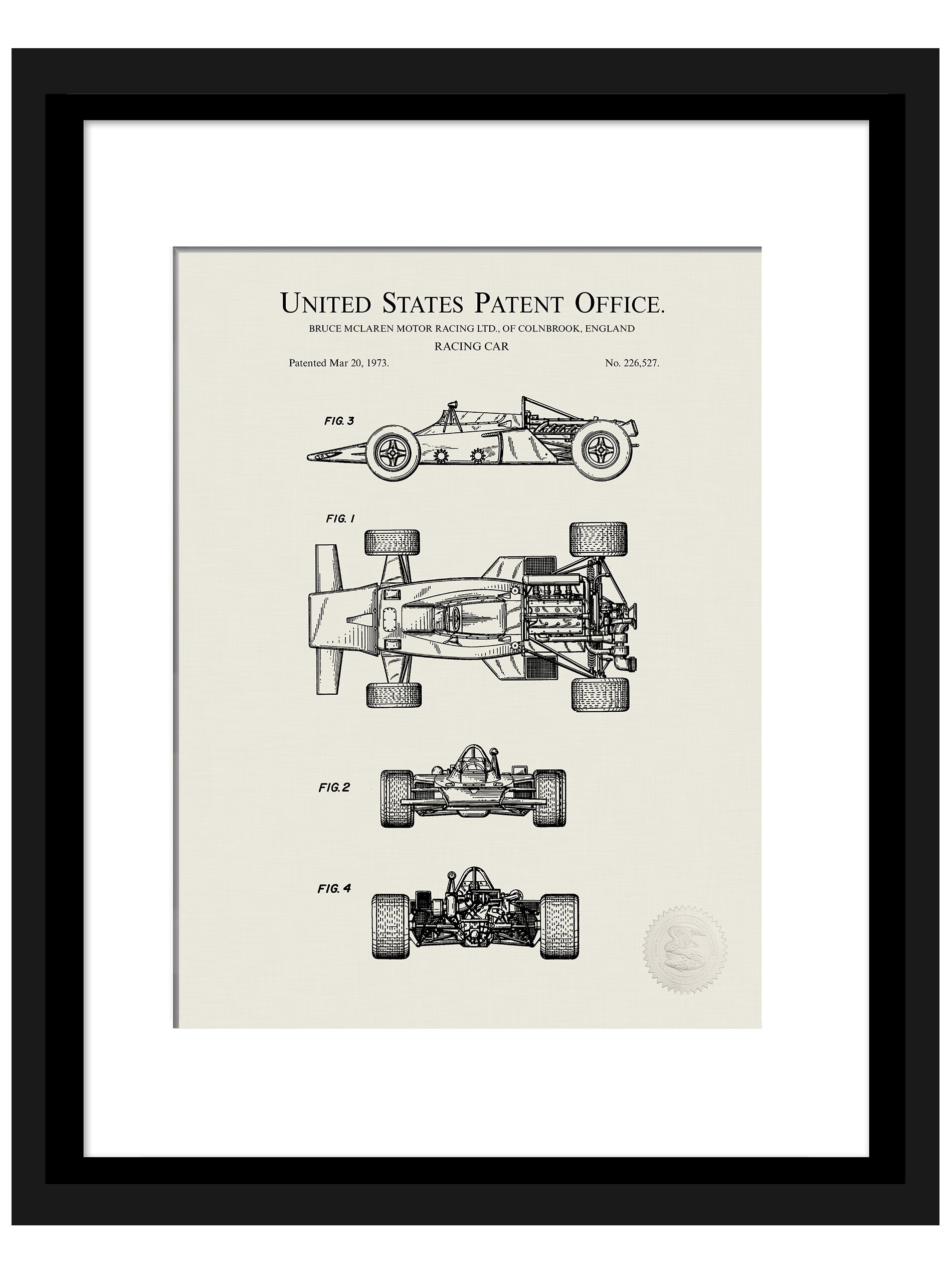 Detailed patent print of the 1973 McLaren F1 racing car