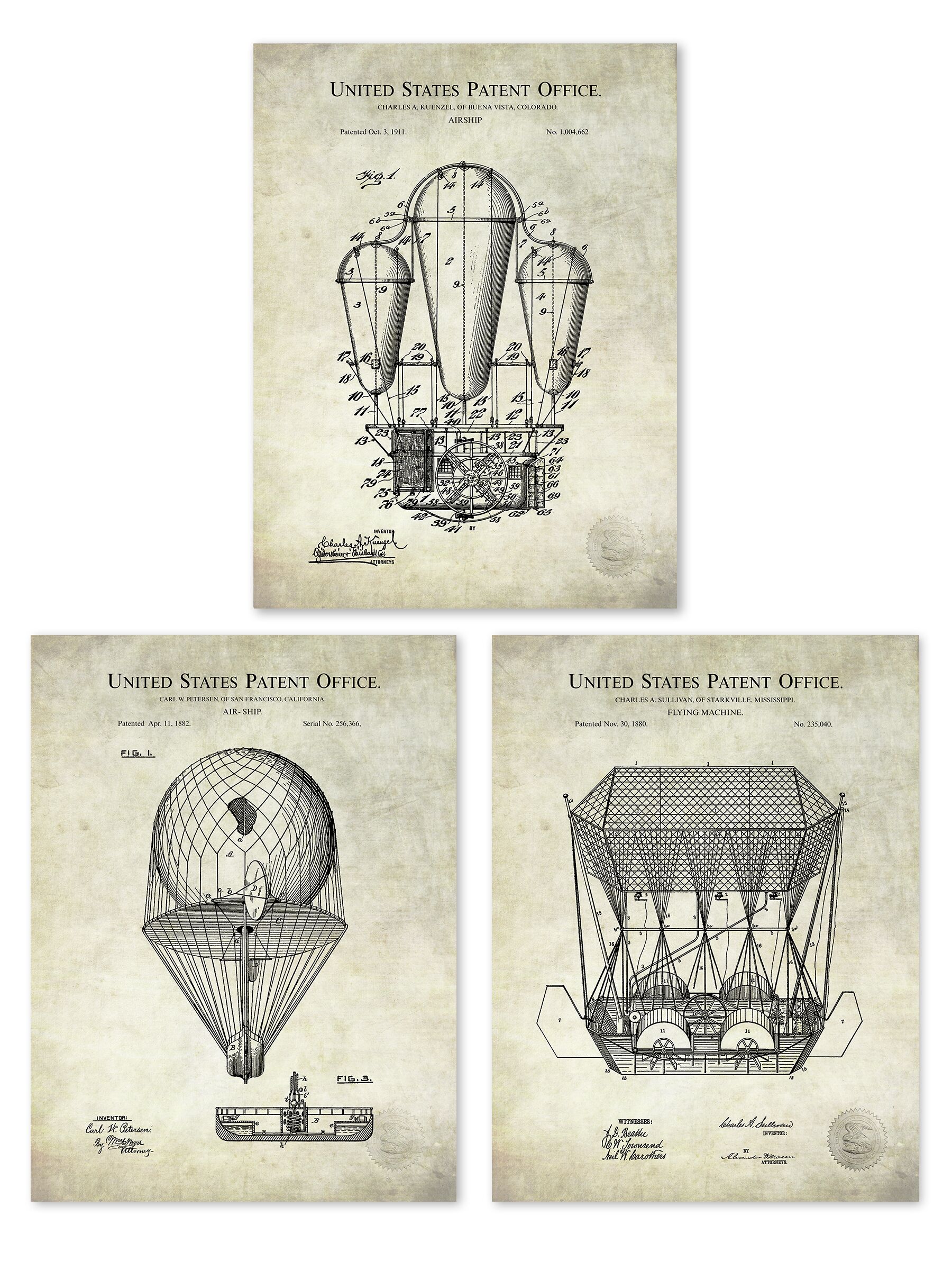 Set of three vintage airship patent prints framed on a wall.